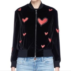 $395 Alice + Olivia Lila Embroidered Heart Patch Bomber Jacket size Large